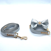 Puccissime Diva silver luxury vegan leather matching set dog leash and dog collar bow tie.- MADE IN CANADA.