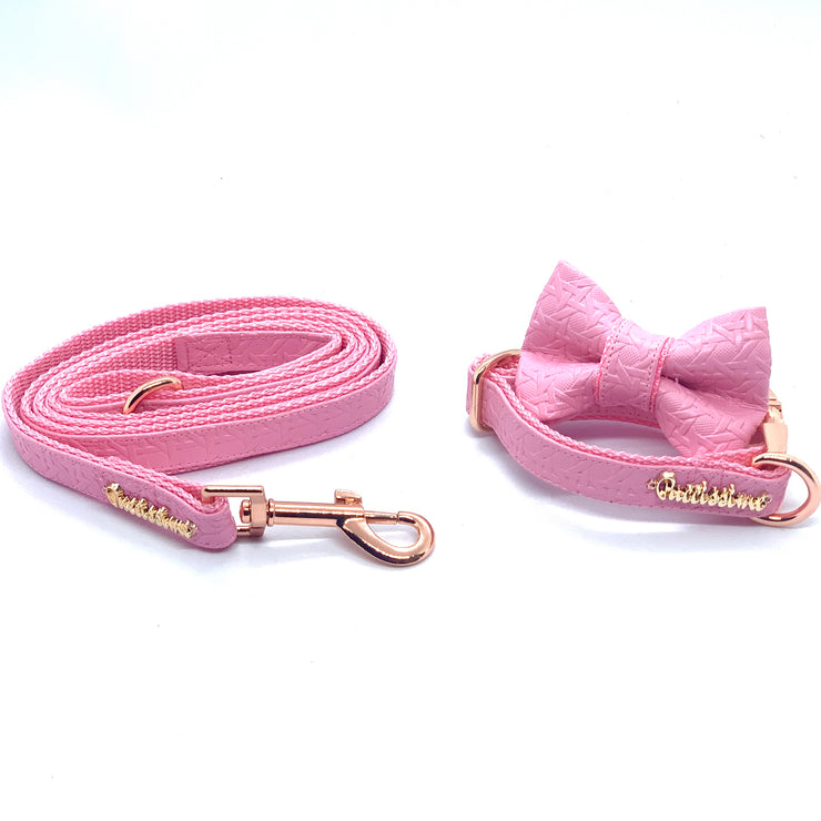 Puccissime Rosie pink luxury vegan leather matching set dog collar, bow tie and dog leash. Made in Canada.