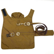 Puccissime Gold dog rain jacket- Front side and leash. MADE IN CANADA.