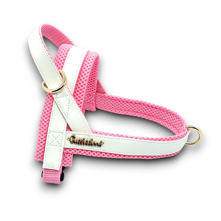 Puccissime My baby girl pink and white luxury vegan leather Norwegian one click harness. No pull no choke no mat easy wear. MADE IN CANADA