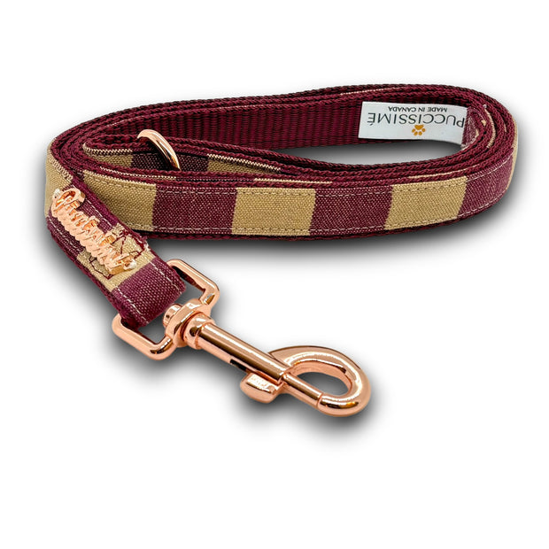 Merlot burgundy maroon and beige dog leash with rose gold hardware- made in Canada