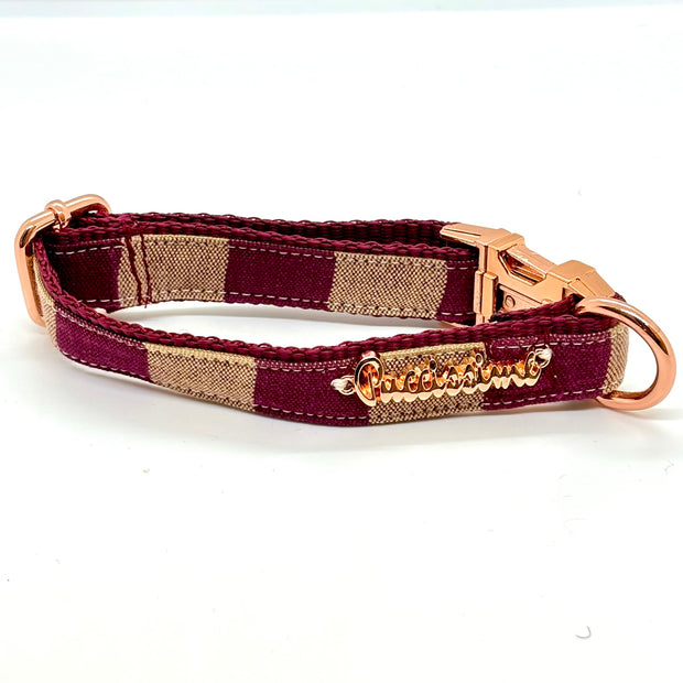 Merlot burgundy maroon and beige dog collarwith rose gold hardware- made in Canada
