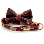 Merlot burgu dog collar and bow tie matching set with rose gold hardware- made in Canadndy maroon and beigea