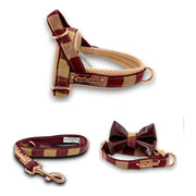 Merlot burgundy maroon and beige dog harness collar bow tie and leash matching setwith rose gold hardware- made in Canada