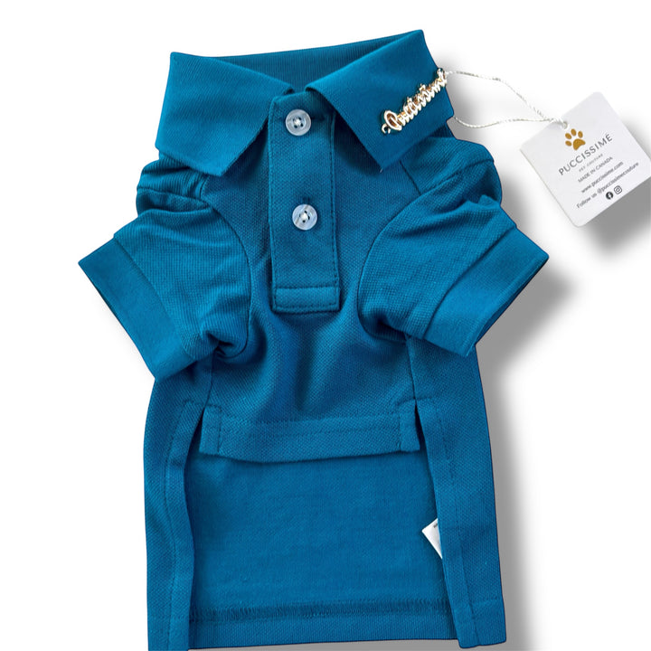 Puccissime dark blue teal cotton polo shirt for dogs and cats