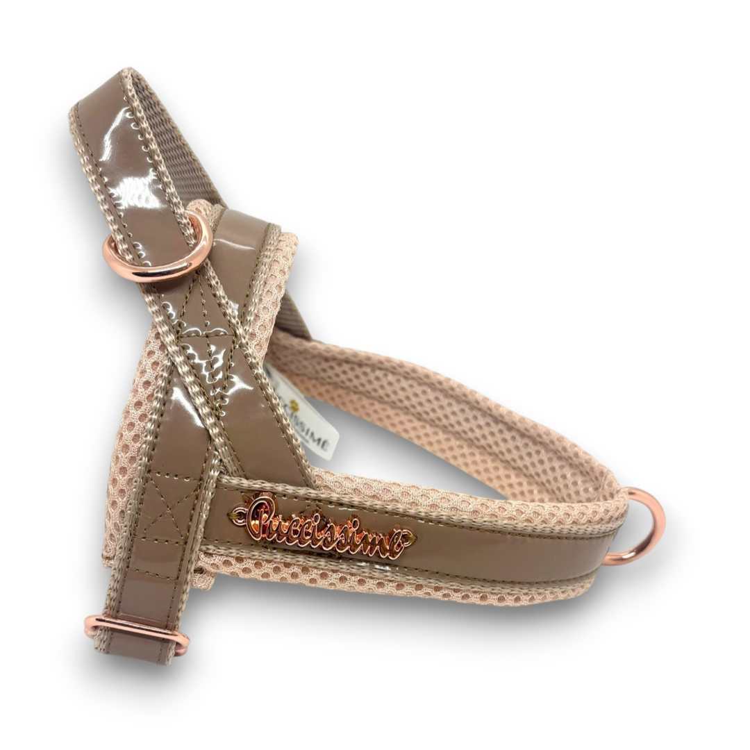 Puccissime Morning mist grey and yellow luxury vegan leather Norwegian one click dog harness. No pull no choke no mat easy wear. MADE IN CANADA