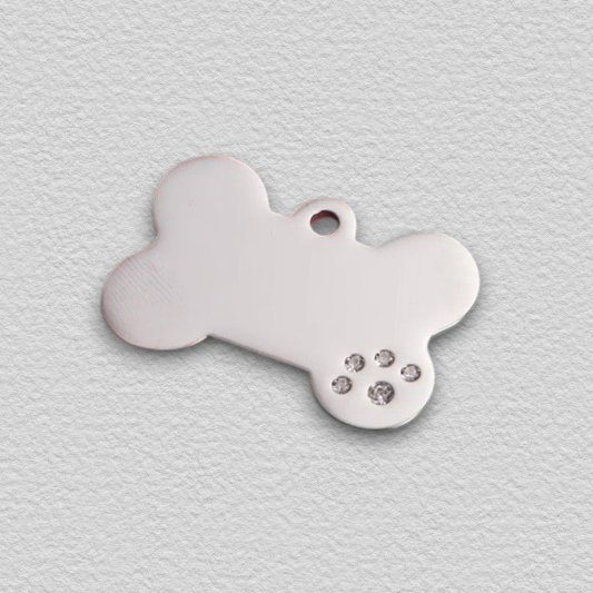Personalized Engraved Stainless Steel Silver Bone with Rhinestone Pet ID Tag