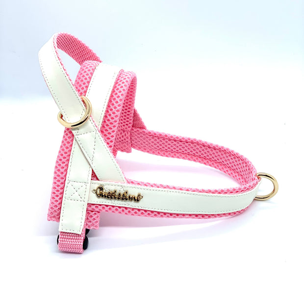 Puccissime My baby girl pink and white luxury vegan leather Norwegian one click harness. No pull no choke no mat easy wear. MADE IN CANADA