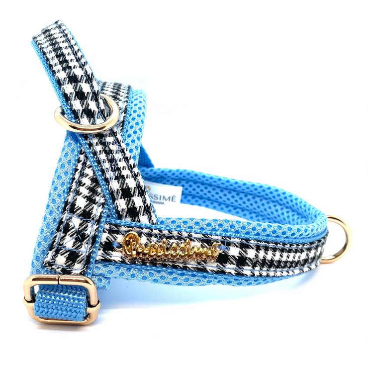 Puccissime Pet couture- baby blue and black houndstooth norwegian one-click dog harness- made in Canada