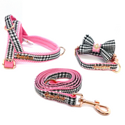 Puccissime "Princess" Full Set, high quality poly rayon houndstooth fabric, One-Click Harness, dog leash, dog collar and bow tie. MADE IN CANADA.