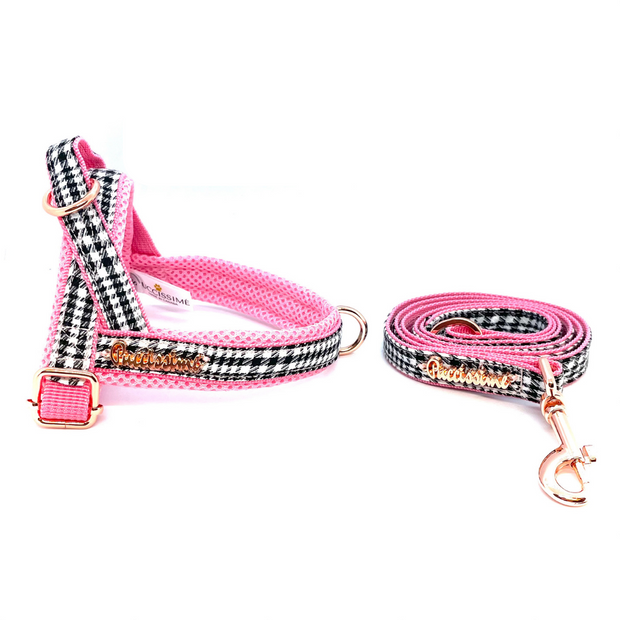 Puccissime Pet couture- pink and black houndstooth norwegian one-click dog harness & dog leash- made in Canada
