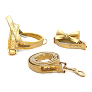 Puccissime Amulet gold luxury vegan leather matching set. Dog One-Click Harness, dog leash, collar and bow tie. Made in Canada.
