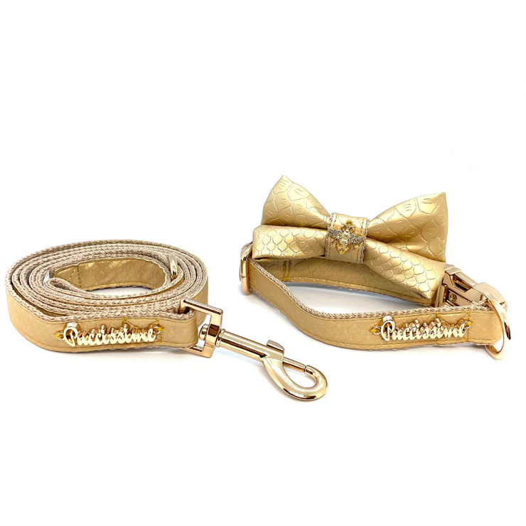 Puccissime "Aurelia" gold luxury vegan leather dog collar, leash and bow tie. Made in Canada.