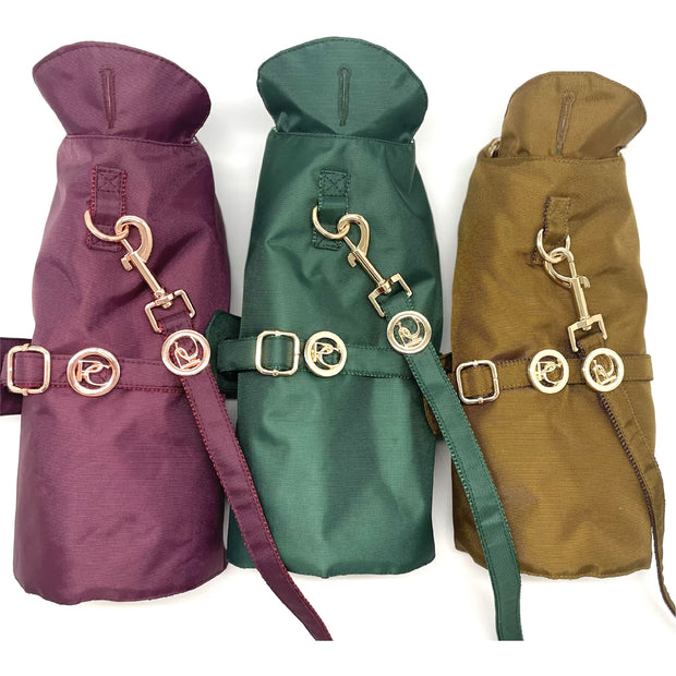 Puccissime dog rain jackets-  Gold, Burgandy & Green colours. MADE IN CANADA.