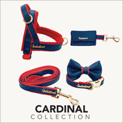 Puccissime Cardinal red and navy luxury vegan leather dog accessories matching set. Norwegian one click no pull no choke no mat easy wear dog harness, dog collar bow tie and leash and dog poop bag. MADE IN CANADA.