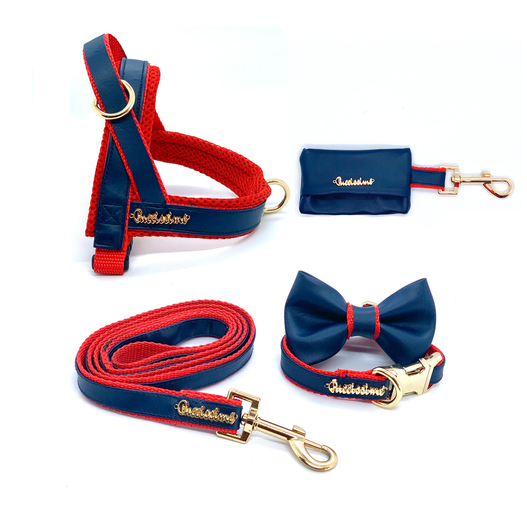 Puccissime Cardinal red and navy luxury vegan leather dog accessories matching set. Norwegian one click no pull no choke no mat easy wear dog harness, dog collar bow tie and leash and dog poop bag. MADE IN CANADA.