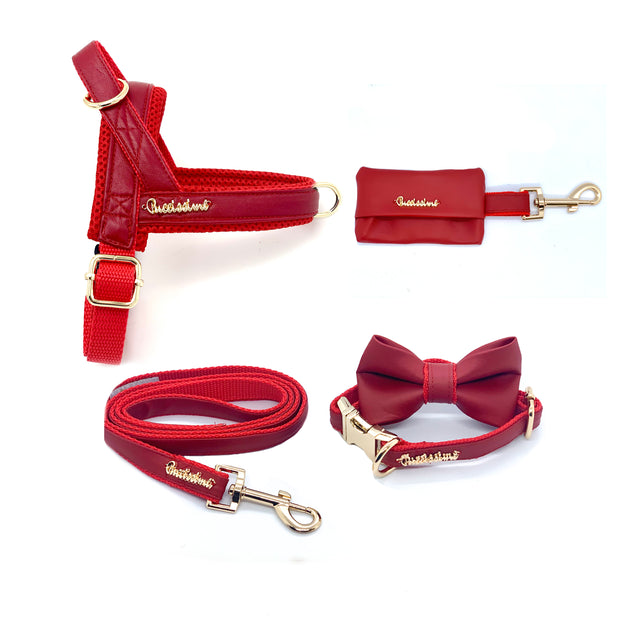 Puccissime Cherry red luxury vegan leather dog accessories matching set. Norwegian one click no pull no choke no mat easy wear dog harness, dog collar bow tie and leash and dog poop bag. MADE IN CANADA.
