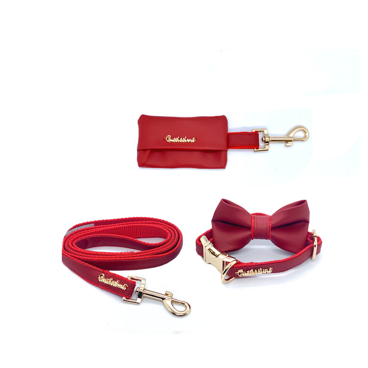 Puccissime Cherry red luxury vegan leather matching set. Dog collar, bow tie, dog leash and dog poop bag. Made in Canada.