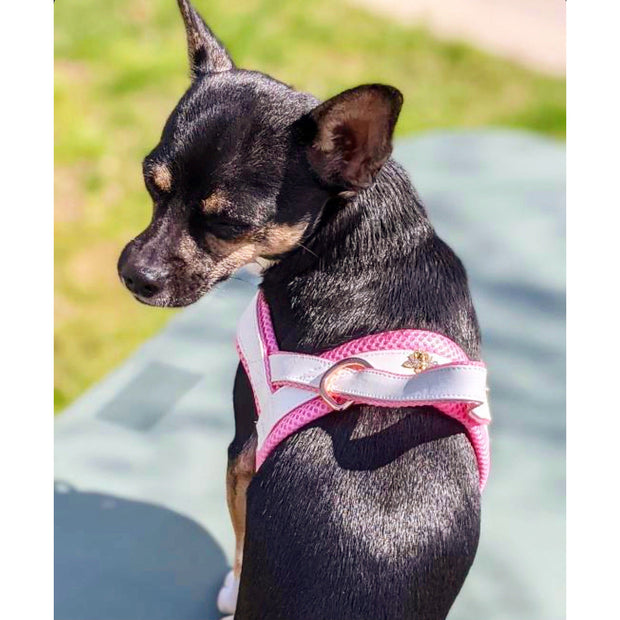 Puccissime My baby girl pink and white luxury vegan leather dog accessories matching set. Norwegian one click no pull no choke no mat easy wear dog harness, dog collar and bow tie. MADE IN CANADA.