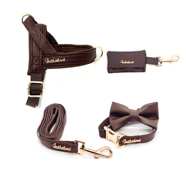 Puccissime Grizzly brown luxury vegan leather dog accessories matching set. Norwegian one click no pull no choke no mat easy wear dog harness, dog collar bow tie and leash and dog poop bag. MADE IN CANADA.