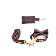 Puccissime Grizzly brown luxury vegan leather matching set. Dog collar, bow tie, dog leash and dog poop bag. Made in Canada.