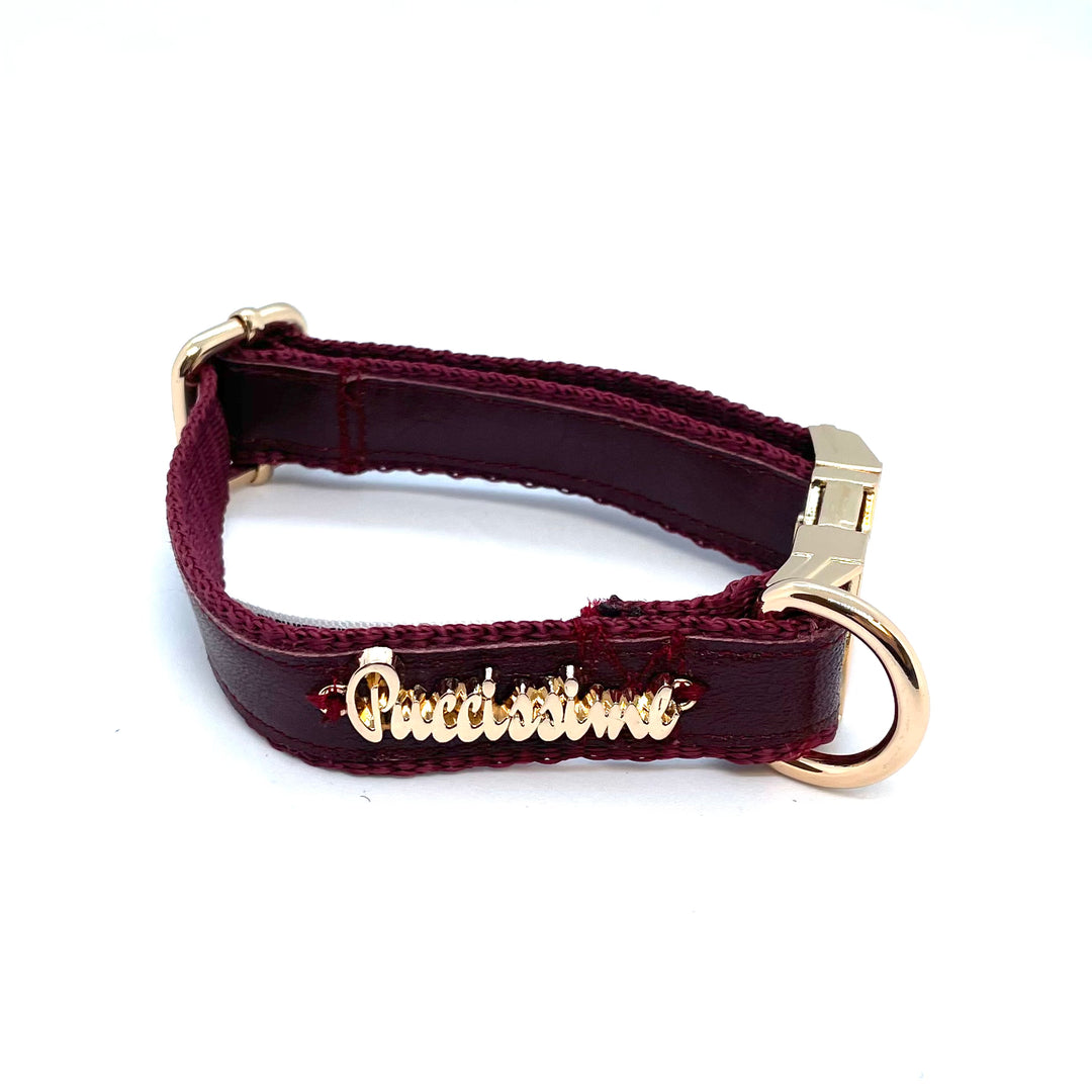 Burgundy dog full set collar, leash, bow tie genuine leather- made in Canada  