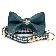 Puccissime Fern green houndstooth luxury cotton dog collar & bow tie.  MADE IN CANADA.