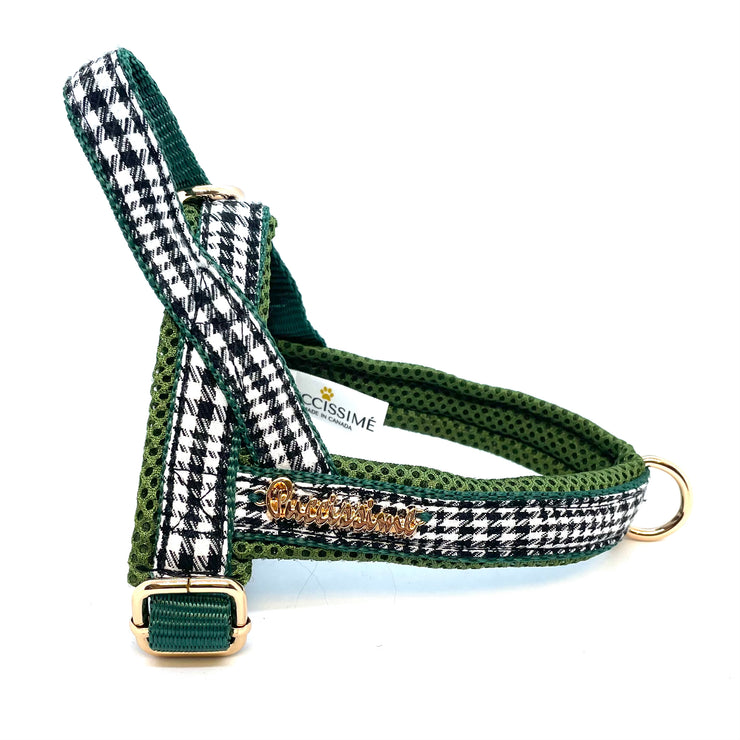Puccissime Fern green houndstooth luxury cotton Norwegian one click harness. No pull no choke no mat easy wear. MADE IN CANADA