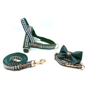 Puccissime Fern green houndstooth luxury cotton dog harness, dog leash, dog collar & dog bow tie. MADE IN CANADA.