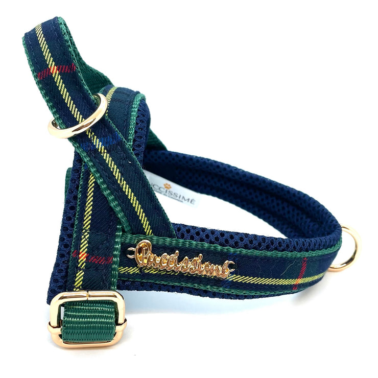 Puccissime Scottish tartan design, Barclay navy, green, yellow plaid luxury cotton Norwegian one click harness. No pull no choke no mat easy wear. MADE IN CANADA