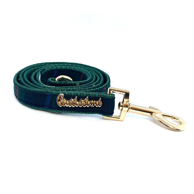 Puccissime Barclay navy, green, yellow plaid luxury Scottish tartan dog leash. MADE IN CANADA.