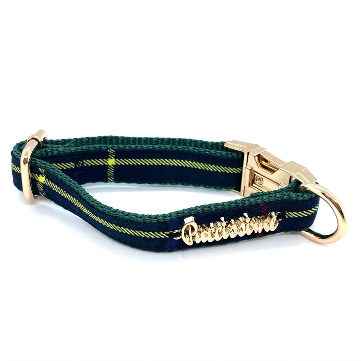Puccissime Barclay Navy, green and yellow Scottish tartan plaid luxury poly rayon dog collar. MADE IN CANADA.
