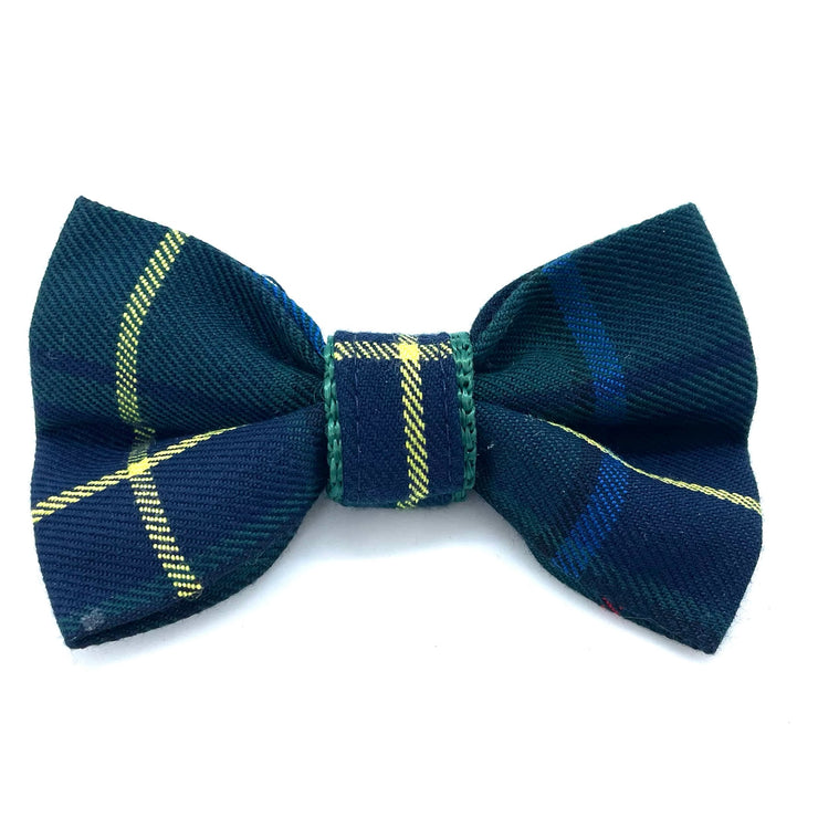 Puccissime Barclay navy, green, yellow plaid luxury tartan dog bow tie. MADE IN CANADA