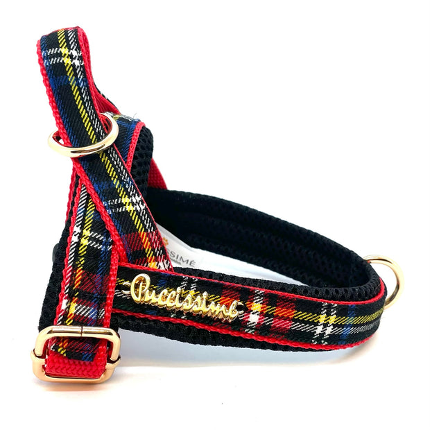 Puccissime Scottish tartan design, Carnegie black, red,  yellow plaid luxury cotton Norwegian one click harness. No pull no choke no mat easy wear. MADE IN CANADA