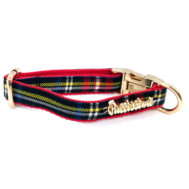 Puccissime Carnegie black red and yellow Scottish tartan plaid luxury poly rayon dog collar. MADE IN CANADA.