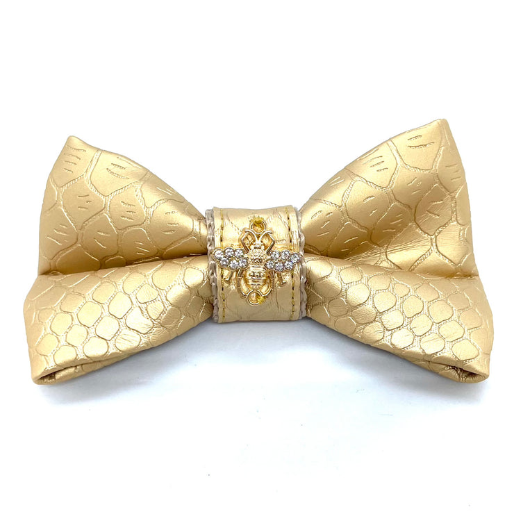 Puccissime Aurelia gold luxury vegan leather dog bow tie. Made in Canada.