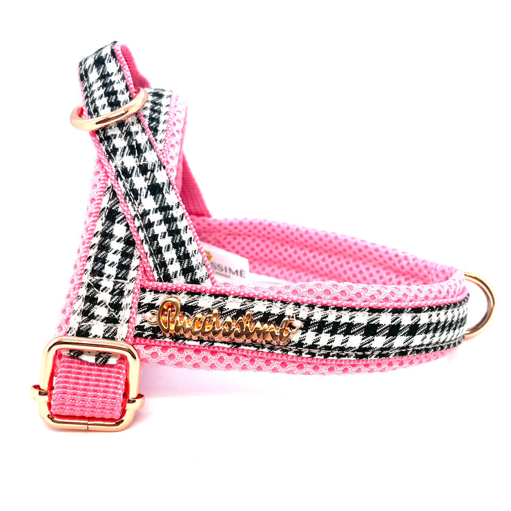Puccissime Pet couture- pink and black houndstooth norwegian one-click dog harness- made in Canada