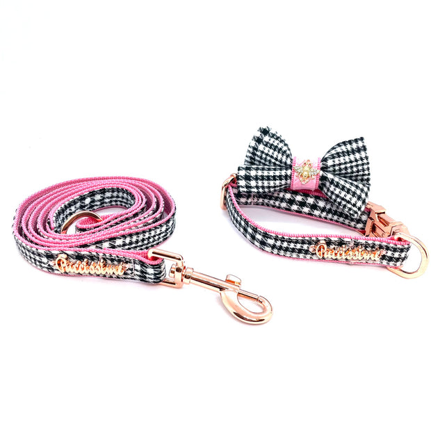 Puccissime "Princess" high quality poly rayon houndstooth fabric, Dog leash, collar & bow tie. MADE IN CANADA.