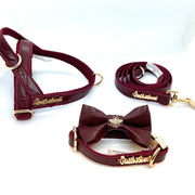 Burgundy dog full set collar, leash, bow tie genuine leather- made in Canada  