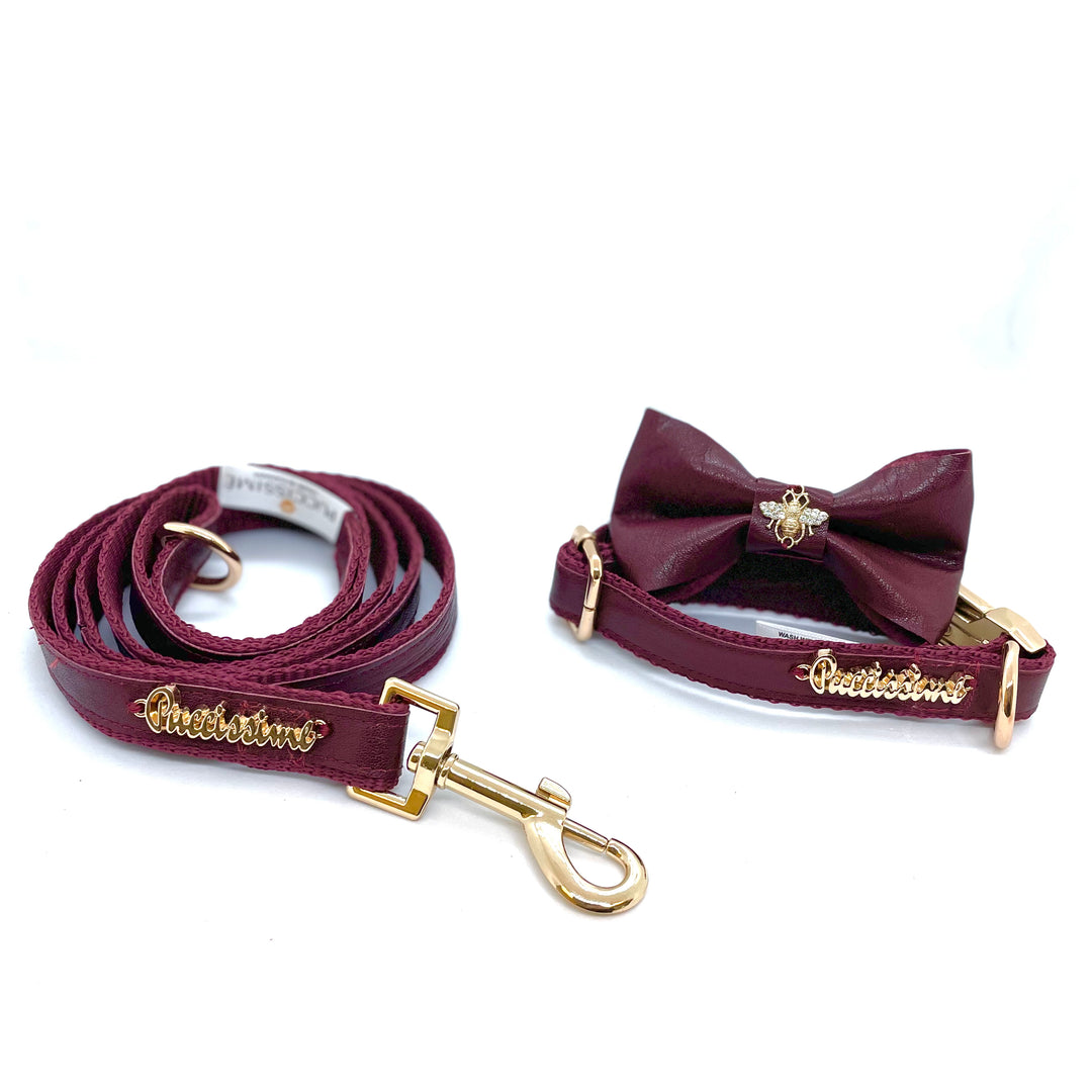 Burgundy dog full set collar, leash, bow tie genuine leather- made in Canada  