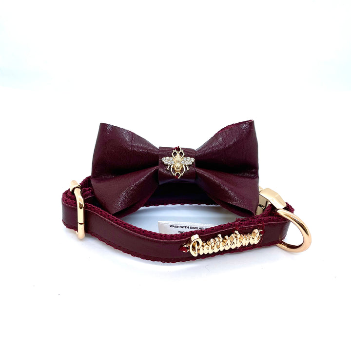 Burgundy dog full set collar, leash, bow tie genuine leather- made in Canada  