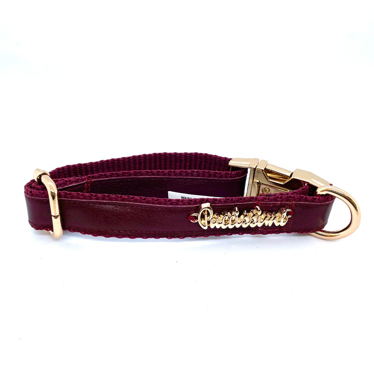 Burgundy dog full set collar, leash, bow tie genuine leather- made in Canada  