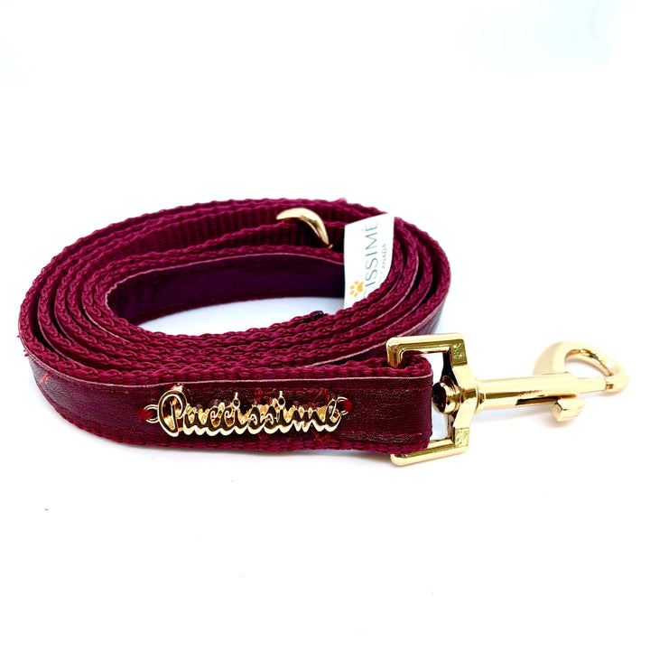 Burgundy dog full set collar, leash, bow tie genuine leather- made in Canada  