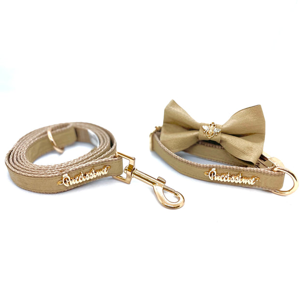 Pine dog full set collar, leash, bow tie genuine leather- made in Canada 