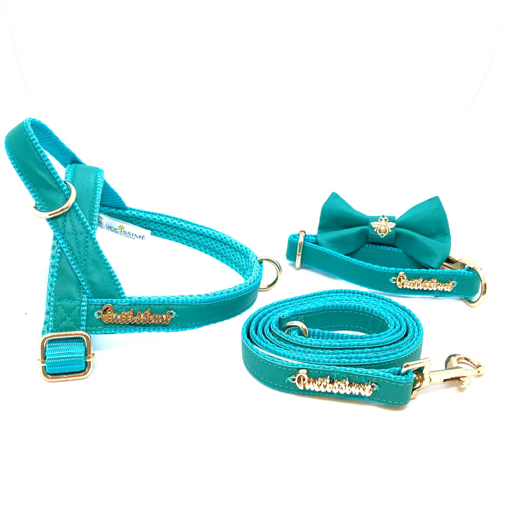 Aqua dog full set collar, leash, bow tie genuine leather- made in Canada 