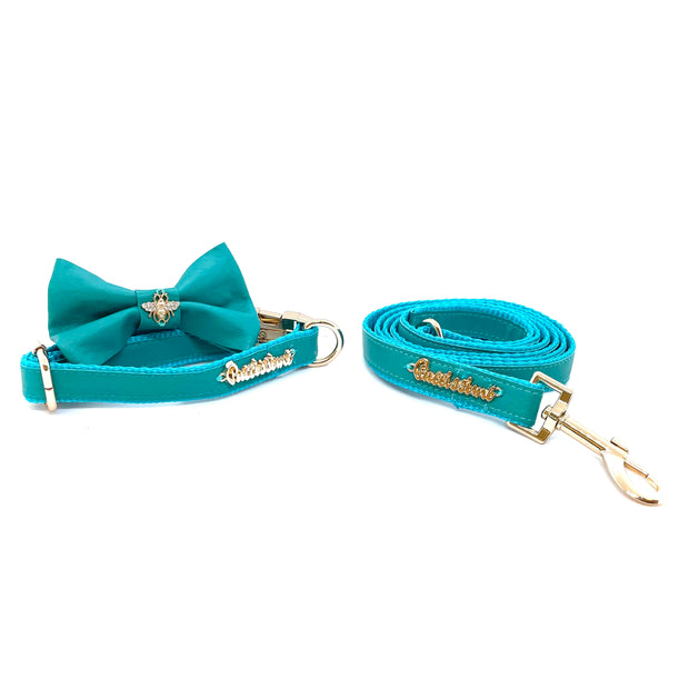 Aqua dog full set collar, leash, bow tie genuine leather- made in Canada 