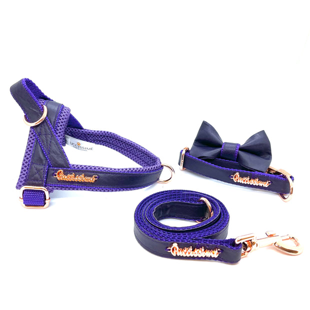 Lilac dog full set collar, leash, bow tie genuine leather- made in Canada 