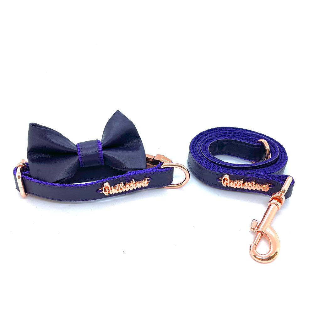 Lilac dog full set collar, leash, bow tie genuine leather- made in Canada  