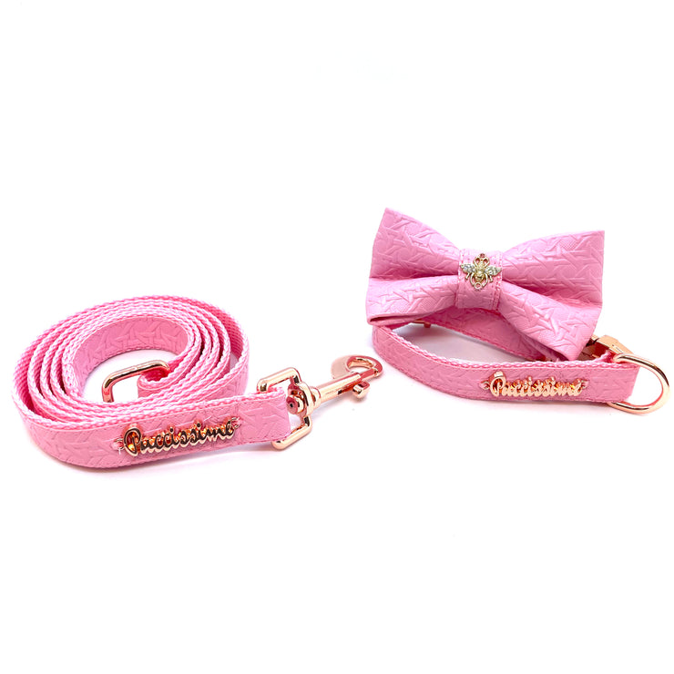 Puccissime Rosie pink luxury vegan leather dog leash, collar and bow tie. Made in Canada.