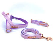 Puccissime Lavender luxury vegan leather dog accessories matching set. Norwegian one click no pull no choke no mat easy wear dog harness and dog leash. MADE IN CANADA.